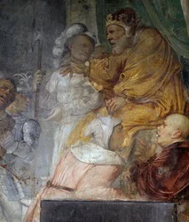 Nebuchadnezzar, detalje fra miraklet af Daniels tre ledsagere, fresko af Girolamo Romanino (ca. 1484-efter 1562), detalje fra højre væg i kirken Saint Anthony Abbed, Breno. Italien