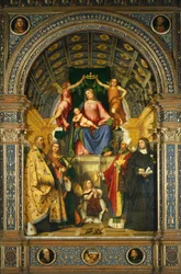 Sankt Justinas altertavle: Madonna tronet med de hellige Benedikt, Justina, Prosdocimo og Scholastica, af Girolamo Romanino (ca. 1484-efter 1562).
