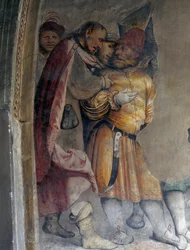 To mænd, der taler med hinanden, detalje af en fresko af Girolamo Romanino (ca1484-efter 1562), venstre væg i præsbyteriet i Church of Saint Anthony Abbot, Breno. Italien