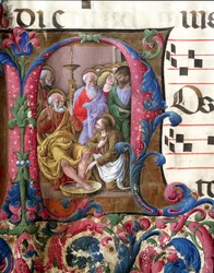 Dekoreret brev, der forestiller Kristus, der vasker fødderne, Miniature af Girolamo da Cremona (aktiv omkring 1451-1483) og Liberale da Verona (1445-1529) fra et kor (Cod. 22/7. c.37) fra katedralen i Siena. Cathedrale (Duomo) i Siena fra det 15. århundred