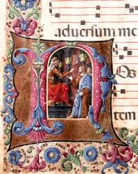 Decoree bogstaver, der repræsenterer Jesus Kristus foran Pontius Pilatus Miniature af Girolamo da Cremona (aktiv omkring 1451-1483) og Liberale da Verona (1445-1529) fra et kor (Cod. 22/7. c.22.) fra Cathedrale of Siena. Cathedrale fra det 15. århundrede (