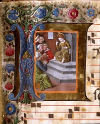 Decoree-lettere, der forestiller Kristusbarnet og miniaturelægerne i Girolamo da Cremona (aktiv omkring 1451-1483) og Liberale da Verona (1445-1529) fra et kor (Cod. 19/4. c.13.) fra katedralen i Siena. 15. århundrede Cathedrale (Duomo) i Siena, It