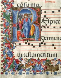 Decoree lettrine med Kristus og den spedalske Miniature af Girolamo da Cremona (aktiv omkring 1451-1483) og Liberale da Verona (1445-1529) fra et kor (Cod. 19/4. c.26.) fra Cathedrale of Siena. Domkirken (Duomo) i Siena, Italien, fra det 15. århundrede
