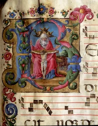 Lettrine B, der repræsenterer den Hellige Treenighed (Nådens Trone) Gud, Jesus Kristus og Helligåndens due (Helligånden). Miniature af Girolamo da Cremona (aktiv omkring 1451-1483) fra et kor (Cod. 10/L. c.81v) fra katedralen i Siena. 15t