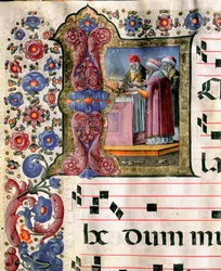 Miniature-offerscene af Girolamo da Cremona (aktiv omkring 1451-1483) fra et kor (Cod. 10/L. c.114v.) fra katedralen i Siena. Cathedrale (Duomo) i Siena fra det 15. århundrede, Italien