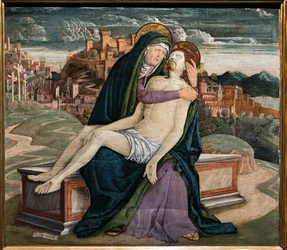 Klagesang, af Gerolamo da Treviso den Gamle, c.1495-7. I baggrunden en befæstet by, der kunne repræsentere en venetiansk landsby som Soave eller Marostica.