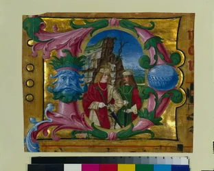 Historikert initial D Udskåret fra en korbog: To martyrhellige, ca. 1500-1510.
