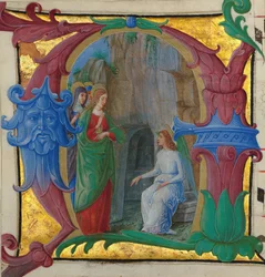 Manuskriptillumination med de hellige kvinder ved graven i et initial A..., italiensk, ca. 1490-1500.