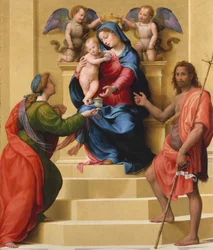 Madonna og barn på tronen med de hellige Maria Magdalena og Johannes Døberen, ca. 1523.
