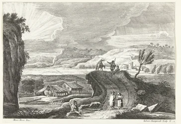 Bakket landskab med pilgrimme på vej og den nedgående sol Italienske landskaber (serietitel)