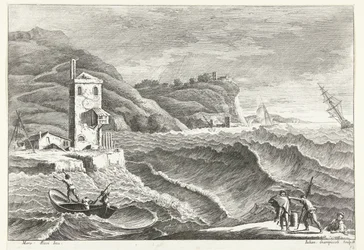 Kystlandskab med storm på havet og ildfyr Italienske landskaber (serietitel)