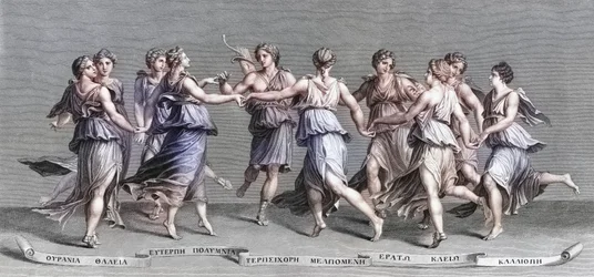 Apollo danser med sine ni olympiske muser. (Print)