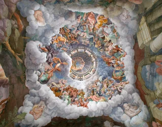 Zeus omgivet af andre guder fra Olympus, der kaster lyn mod giganterne og ødelægger dem, hvælving og syd- og vestvæggene, giganternes kammer (Sala dei Giganti)