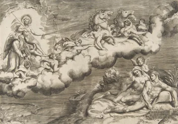 En allegori om den opgående sol, en nøgen mand iført ligklæde og ledsaget Fader Tid..., 1531-76.