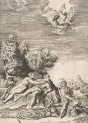 Calypso forsøger at tilbageholde Ulysses, mens et barn forbereder sin rustning til højre og Mercury fa..., 1531-76.