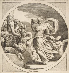 Cirke drikker af en kop med ledsagere af Ulysses i en båd til venstre, et cirkulære ..., 1531-76.