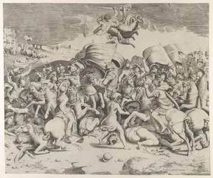 Konstantin besejrer tyrannen Maxentius, engle med sværd flyver over, 1544., 1544.