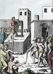 Dødsstraf: fuldbyrdelse af en dødsdom med forfaderen til guillotinen (maskine en dekollation) i Italien kaldet Mannaia og designet af Achille Bocchi, i 1555”” Gravering af Giulio Buonasone (Bonasone) (1498-1574) (Repræsentation af Manna