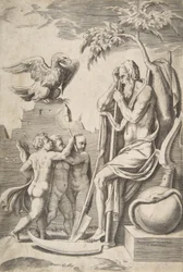 Fader Tid til højre lænet på en le, tre nøgne drenge og ørn til venstre, 1..., 1531-76.