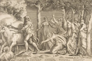 Herkules, der driver kvæget af Geryon, til højre er nymferne fra Hesperides, ..., 1531-76.