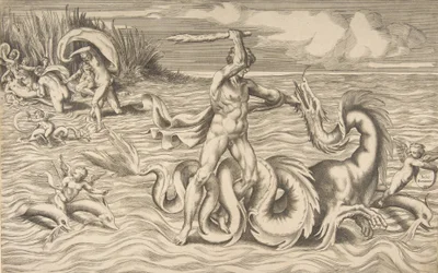 Hercules kæmper mod en drage i midten, Achelous bærer Deianeira af øverst til venstre, 1531-76.