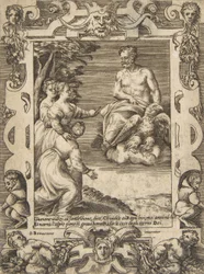 Juno til venstre beder Jupiter om at hjælpe grækerne, sat inden for en udførlig ramme, fra 