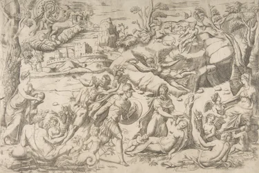 Mars og Rhea Silvia: i midten holder Mars et skjold og sværd, Rhea Silvia sover..., ca 1531-76.