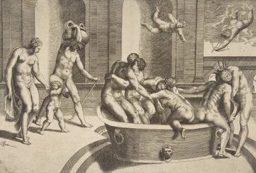 Badende mænd og kvinder, nogle omfavnende, 1531-76.