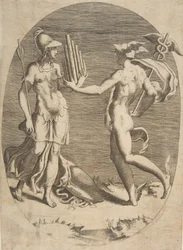 Mercury præsenterer en panrøre til Minerva, der står til venstre, en oval komposition, 1531-76.