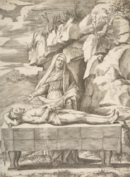 Pieta, Kristus strakt ud på et bord i et landskab, Jomfruen stående bag våben ..., 1531-76.