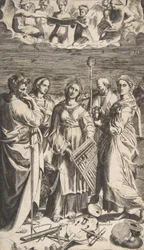 Sankt Cecilia stående i midten ledsaget af Sankt Paul, Magdalene, Sankt Johannes ..., 1531.