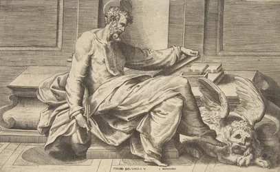 Sankt Markus skriver sit evangelium, bevinget løve til højre, 1531-76.