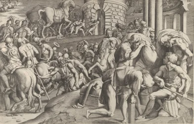 Trojanerne trækker træhesten ind i Troja, 1545.