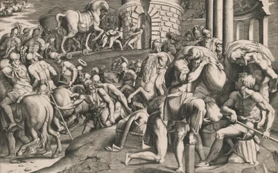 Trojanerne trækker træhesten ind i byen, 1545.