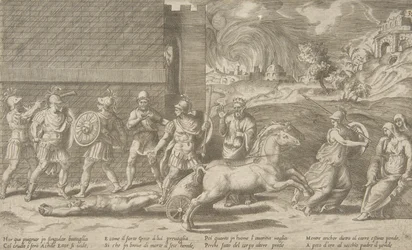 Kampen mellem Hector og Achilles, og Achilles, der slæber liget af Hector rundt i ..., 1531-76.