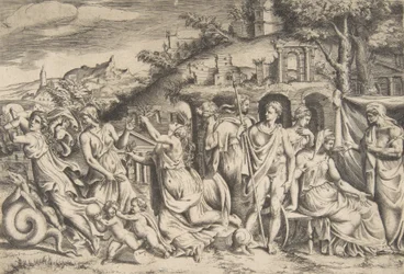 Historien om Jason og Medea til venstre bærer hun af sin søn, i midten er hun ..., 1531-76.