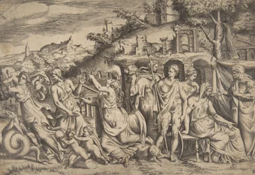 Historien om Jason og Medea til venstre bærer hun af sin søn, i midten er hun ..., 1531-76.