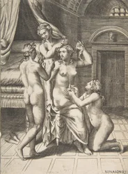 Toilettet af Psyche, der sidder i centrum, der behandles, 1531-76.