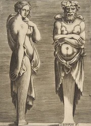 To led, en nymfe til venstre Silvanus til højre, ca. 1530-50.