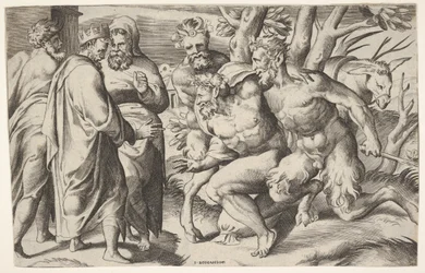 To satyrer fører Silenus til kong Midas, som står til venstre med to mandlige ledsagere..., ca. 1550-80.