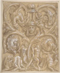 Design til et dekorativt panel med Rinceaux, Satyrs, Putti, monstre og et menneskehoved, 1535-45.