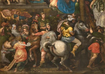 Mur modsat modfacaden af det sydlige tværskib, Giuseppe Campi, Triumph of Mordecai 1567, detalje nederste del