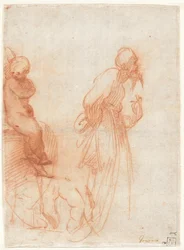 a) Studier af figurer og en hånd (recto); b) Studier af en tyr (verso), ca. 1530 (rødkridt på papir)