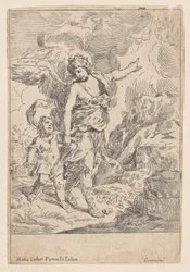 En skytsengel, der går hånd i hånd med et lille barn, 1640-60.