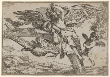 Luft, repræsenteret af Iris tilbagelænet på sin regnbue, ledsaget af en bevinget putto bearin..., 1640-60.