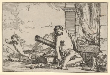Ild, repræsenteret af Venus siddende før Vulcans smedning, med rustning, en kanon og kanon..., 1640-60.