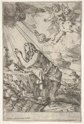 Den angrende Magdalen knæler på en stenet grund foran et kranium og knogler, en salve ..., ca. 1640-55.