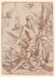 Sankt Jerome knæler ved siden af et træ med strakte arme, 1640-60.