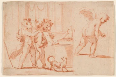 To Putti, der bærer en tredje Putto; Endnu en Putto bagfra