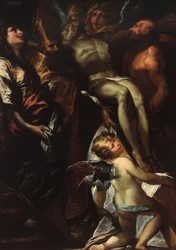 Nedstigningen fra korset med de hellige Maria Magdalene, Augustin, Hieronymus og engle, ca. 1618 (olie på lærred)